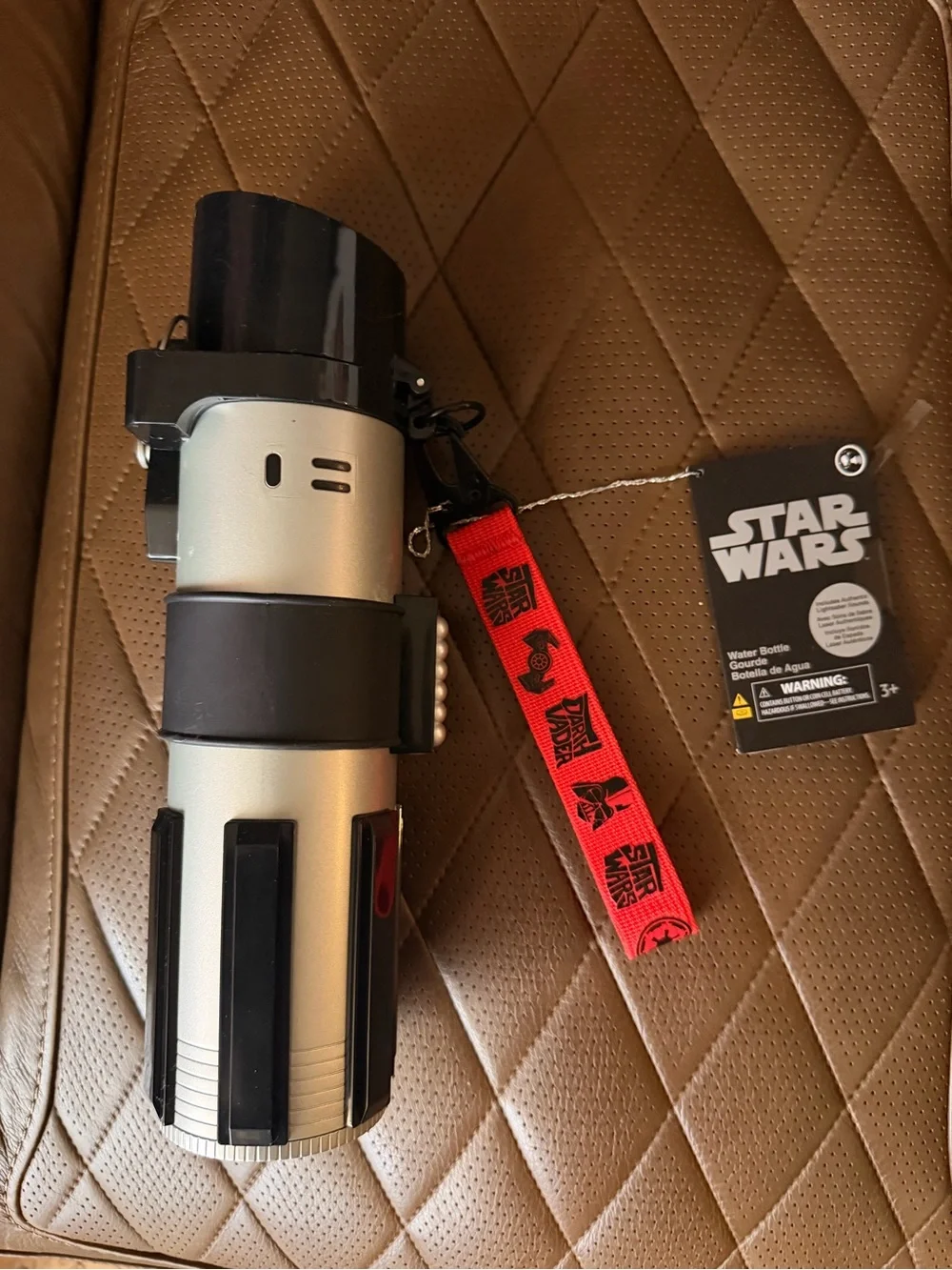 Star Wars Silver & Black Lightsaber Water Bottle with Red Lanyard Strap